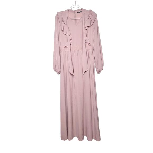 SHEIN Tie Neck Fit & Flare Ruffle Trim Long Sleeve Maxi Dress Rustic Pink Size M - Picture 4 of 11
